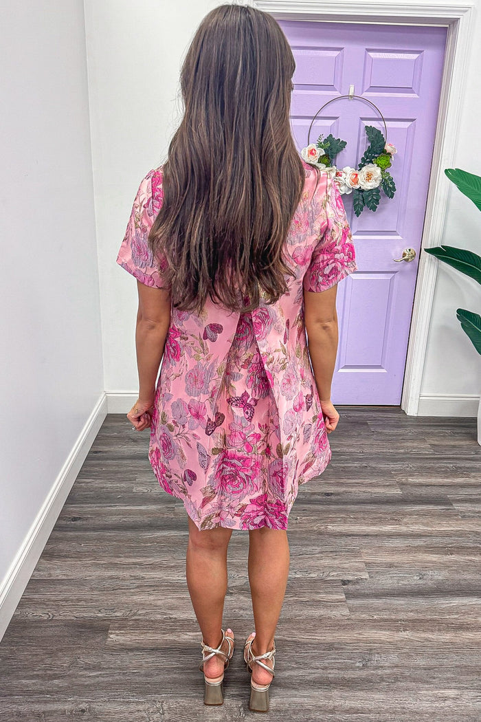 pink purple and mauve butterfly floral jacquard mini dress with gathered back detail