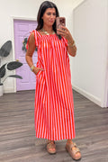 coral and pink vertical striped sleeveless midi dress with side pockets
