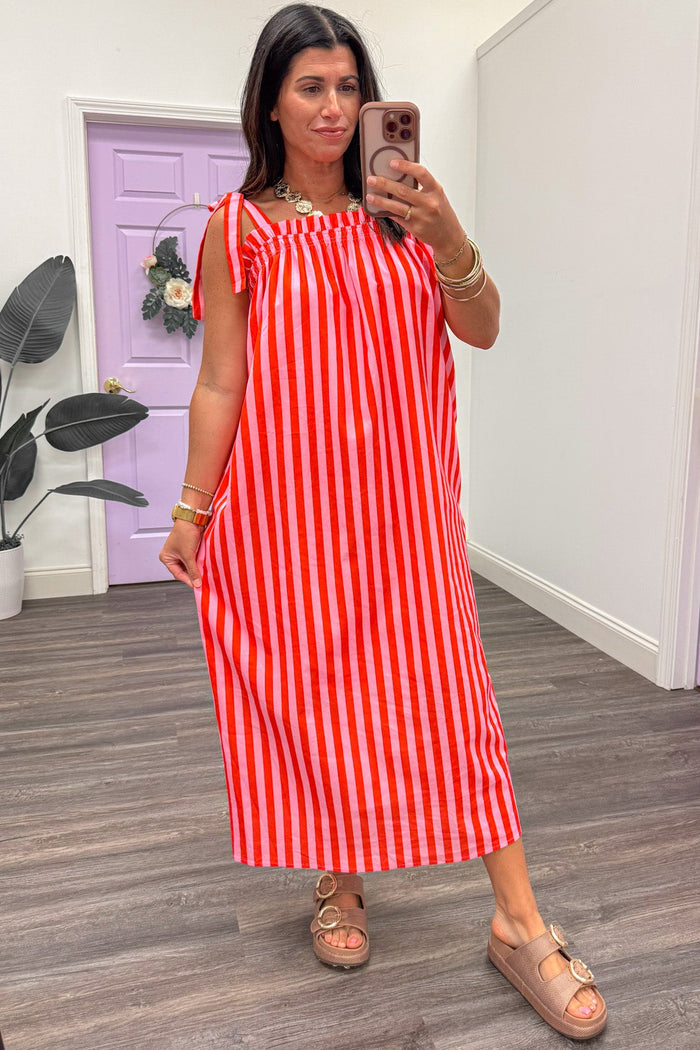 coral and pink striped sleeveless relaxed silhouette midi dress