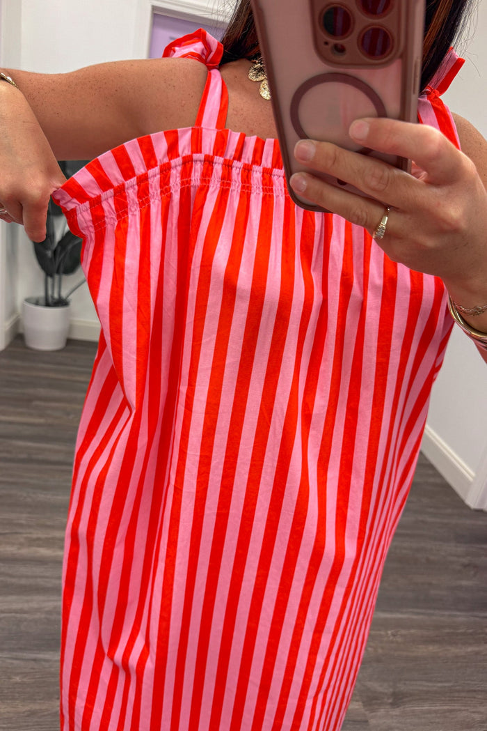 coral and pink vertical striped elastic neckline sleeveless midi dress