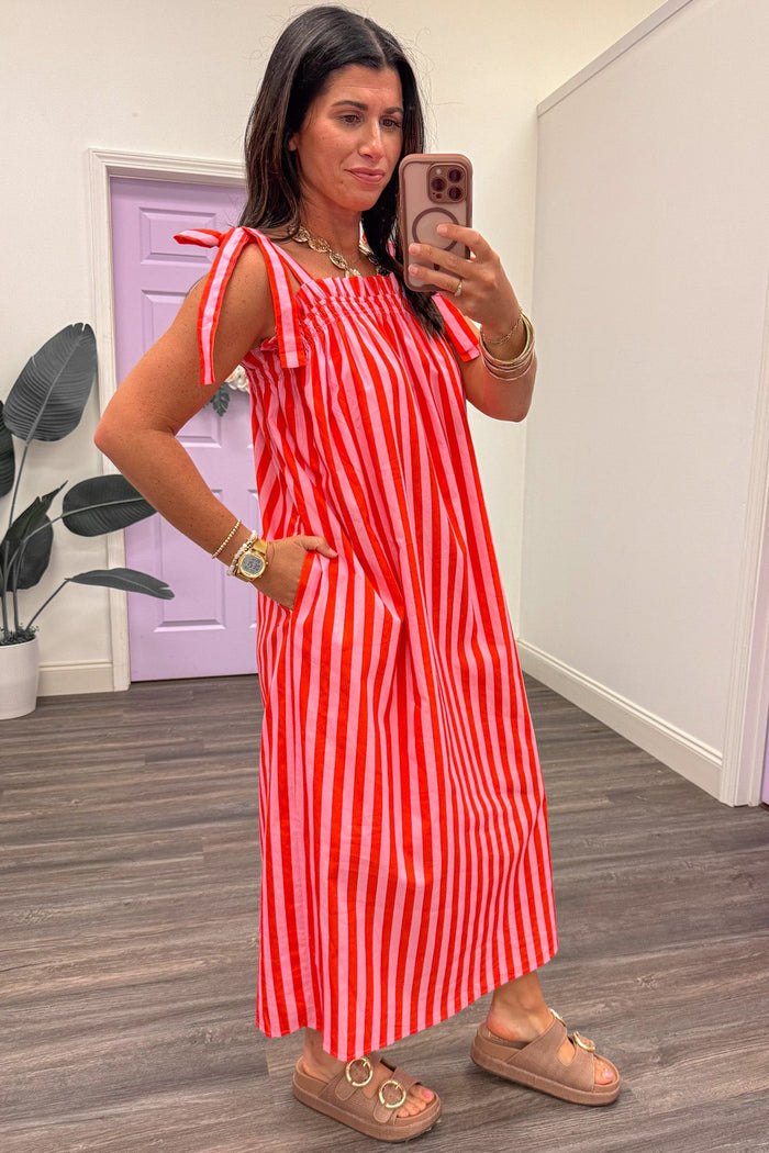 coral and pink vertical striped ruffled trim square neckline midi dress
