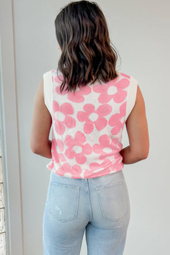 Débardeur rose à col en V tricoté avec jolies fleurs-A WOMAN WE LOVE