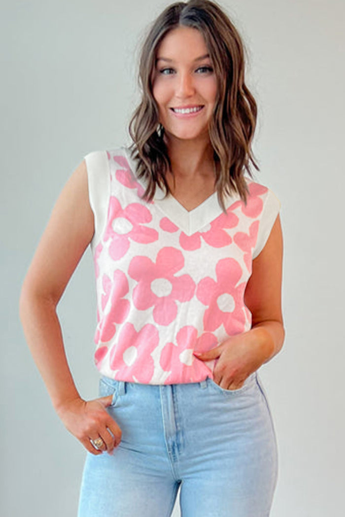 Débardeur rose à col en V tricoté avec jolies fleurs-A WOMAN WE LOVE