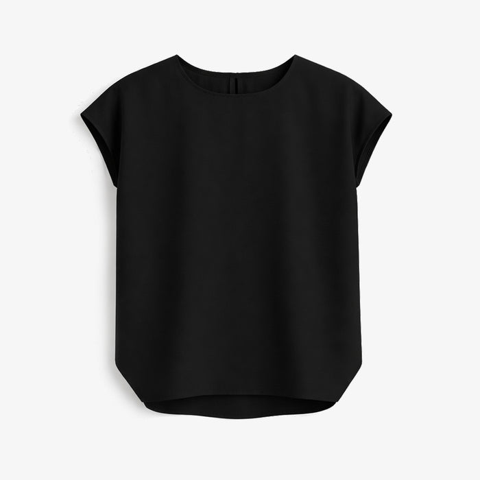 Black sleeveless top on a light gray background