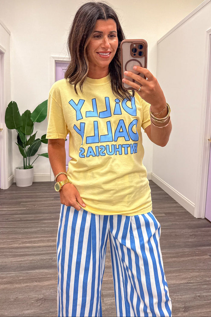 butter yellow with blue dilly dally enthusiast graphic print t shirt