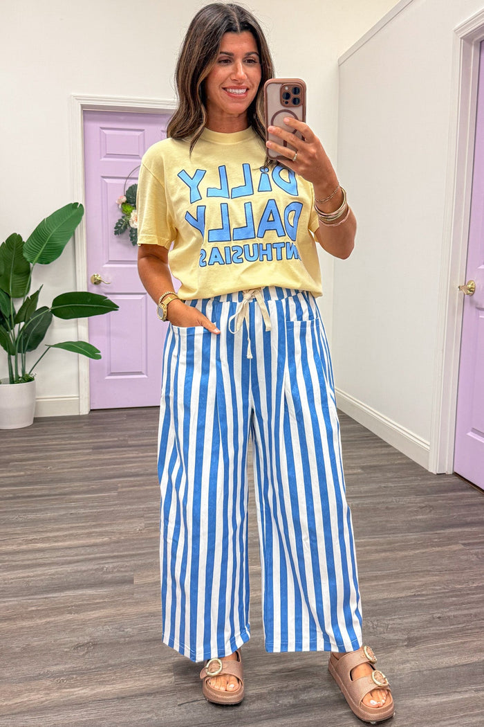 butter yellow with blue dilly dally enthusiast graphic print crew neckline t shirt