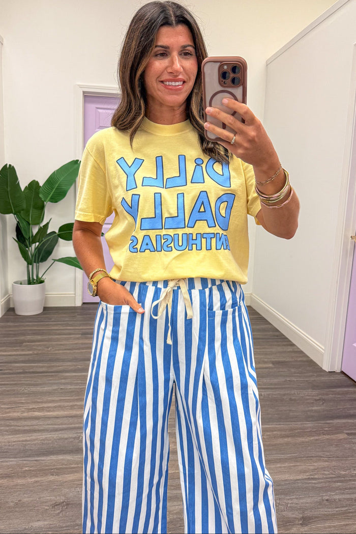 butter yellow with blue dilly dally enthusiast graphic print short sleeve t shirt