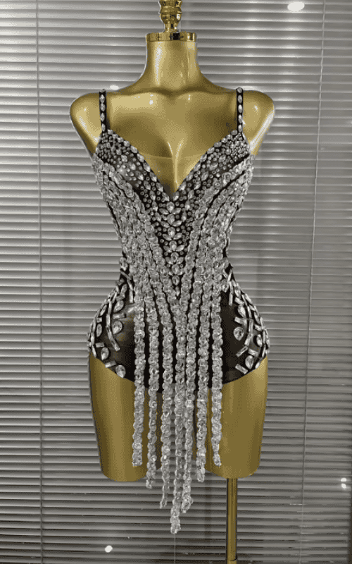Dinah Sparkly Crystal Sleeveless V Neck Bodycon Bodysuit