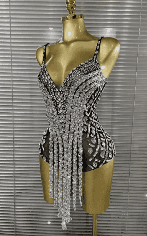 Dinah Sparkly Crystal Sleeveless V Neck Bodycon Bodysuit
