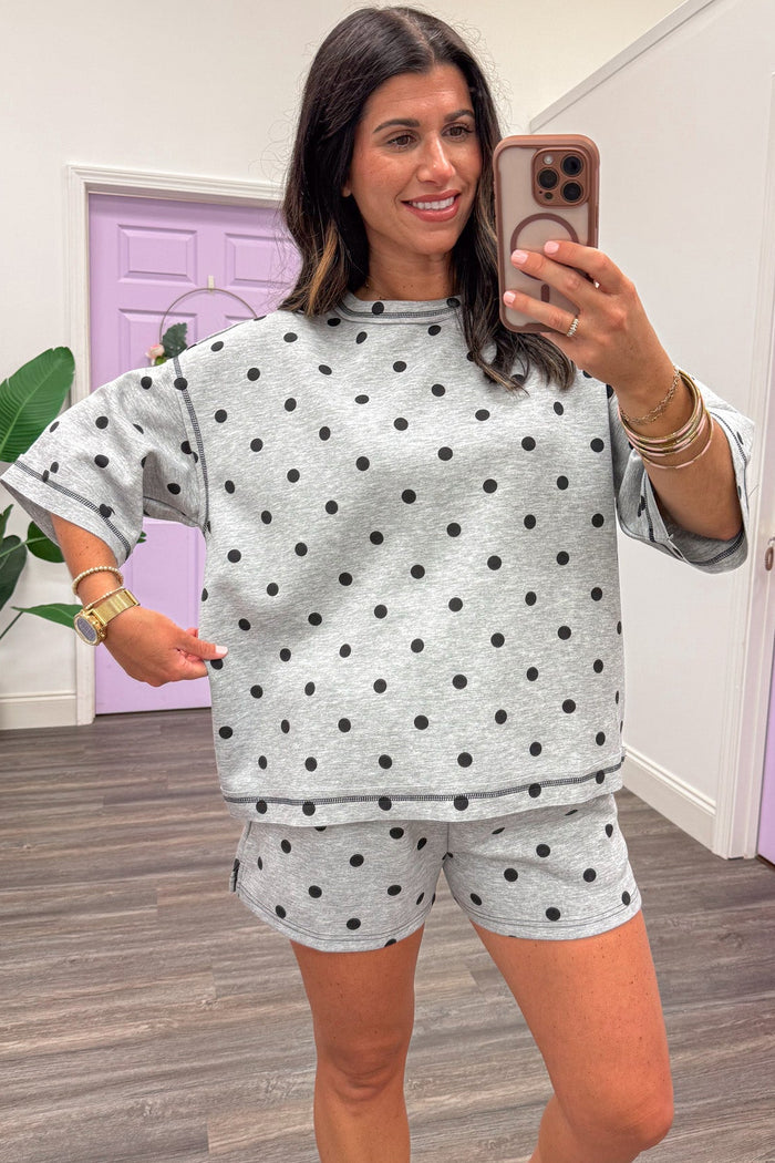heather gray and black polka dot print relaxed silhouette top and shorts knit matching set