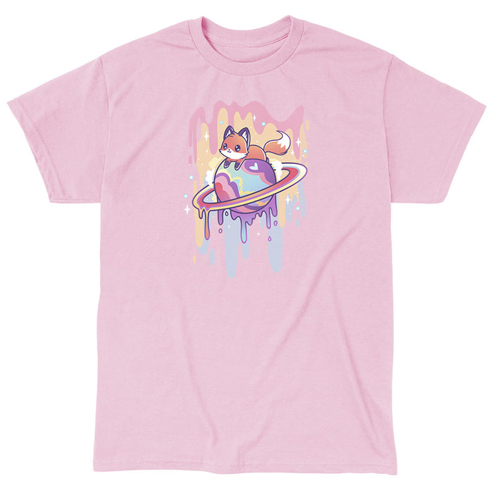 Classic Cotton T-shirt_TeeTurtle Drippy Dreamworld light pink t-shirt featuring a fox sitting on a colorful Saturn-like planet with a dripping effect, set against a pink background with sparkles.