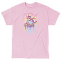 Classic Cotton T-shirt_TeeTurtle Drippy Dreamworld light pink t-shirt featuring a fox sitting on a colorful Saturn-like planet with a dripping effect, set against a pink background with sparkles.