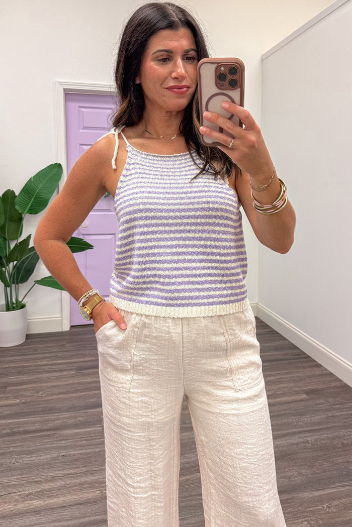 lavender and cream horizontal striped lightweight knit tank top