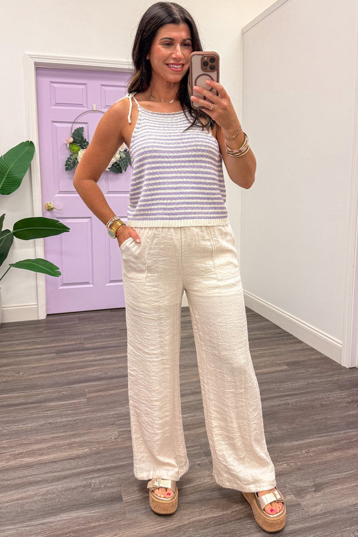 lavender and cream horizontal striped lightweight knit spaghetti strap tank top