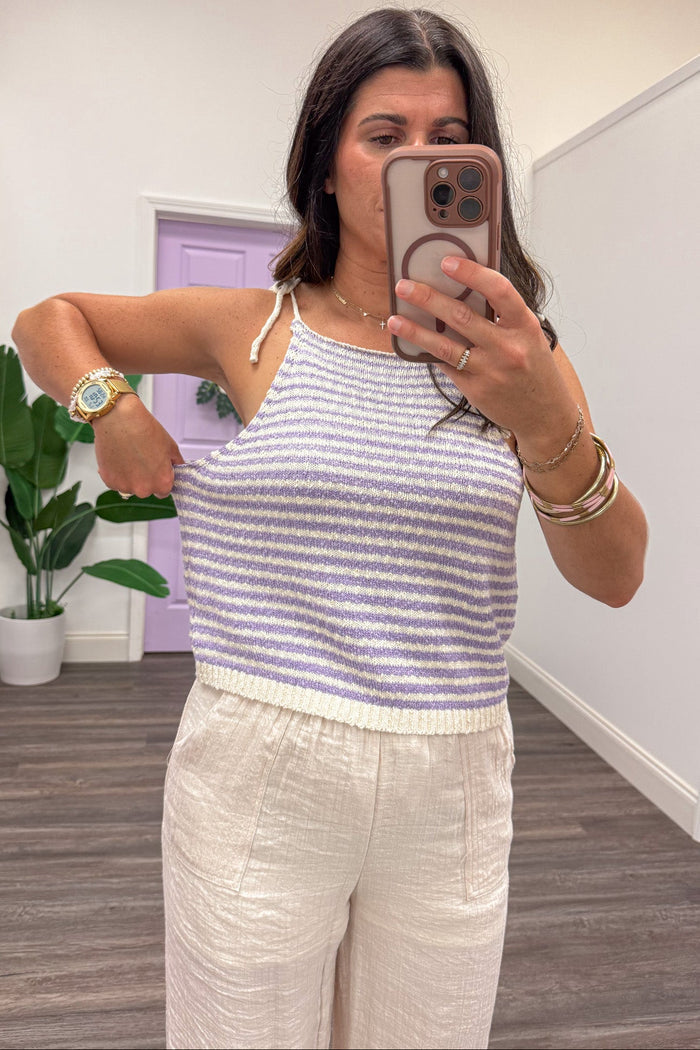 lavender and cream horizontal striped lightweight knit relaxed fit tank top