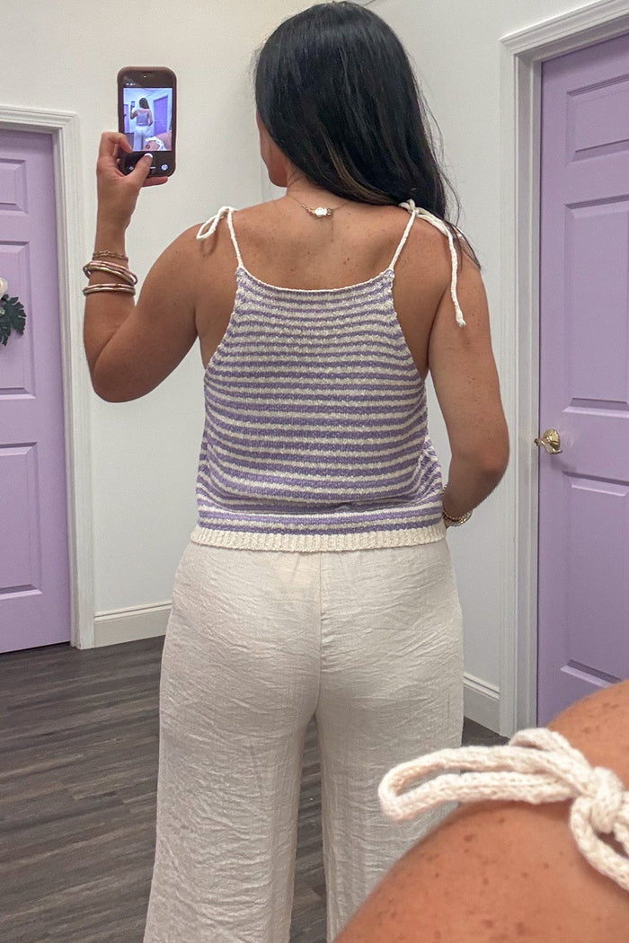 lavender and cream horizontal striped lightweight knit self tie straps tank top
