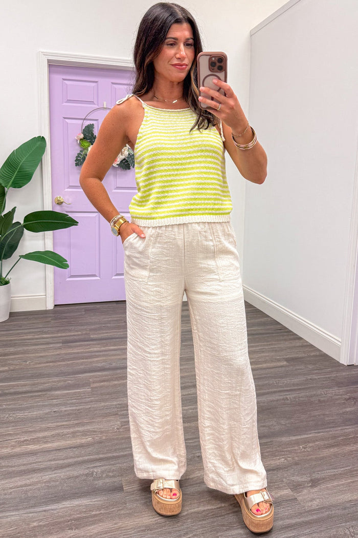 lime and cream horizontal striped lightweight knit spaghetti strap tank top