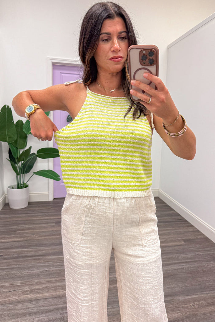 lime and cream horizontal striped relaxed fit lightweight knit tank top