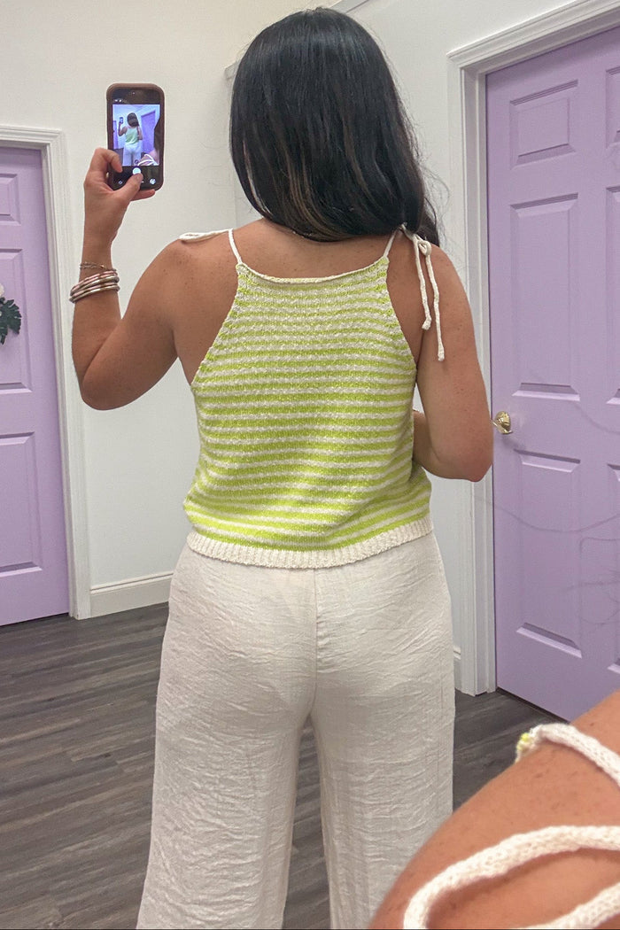 lime and cream horizontal striped lightweight knit self tie straps tank top