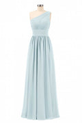Dusty Blue Chiffon One-Shoulder Banded Waist Bridesmaid Dress