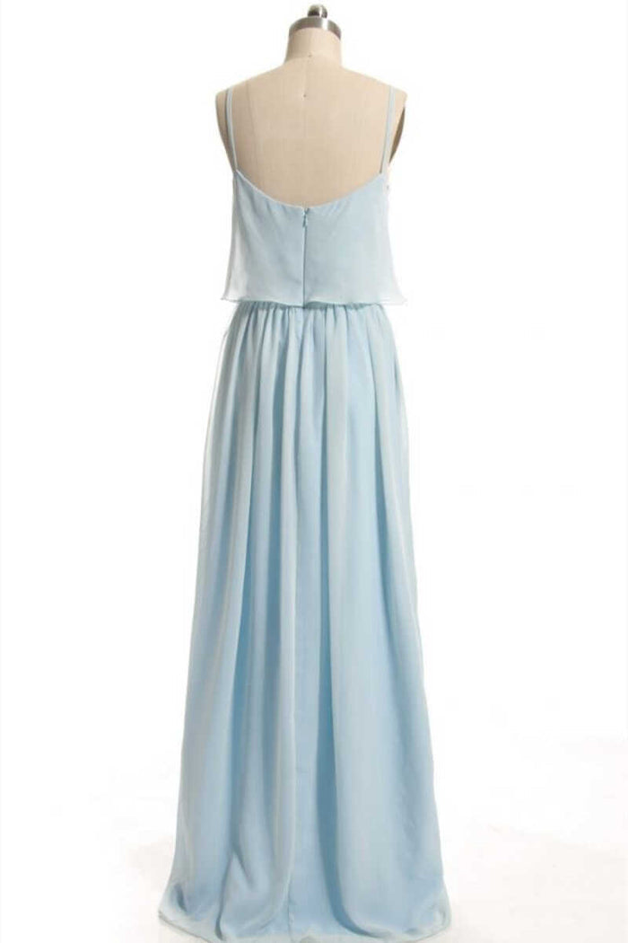 Dusty Blue Chiffon Spaghetti Straps Ruffled Long Bridesmaid Dress