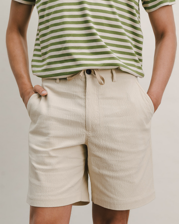 Ecru Seersucker Relaxed Shorts