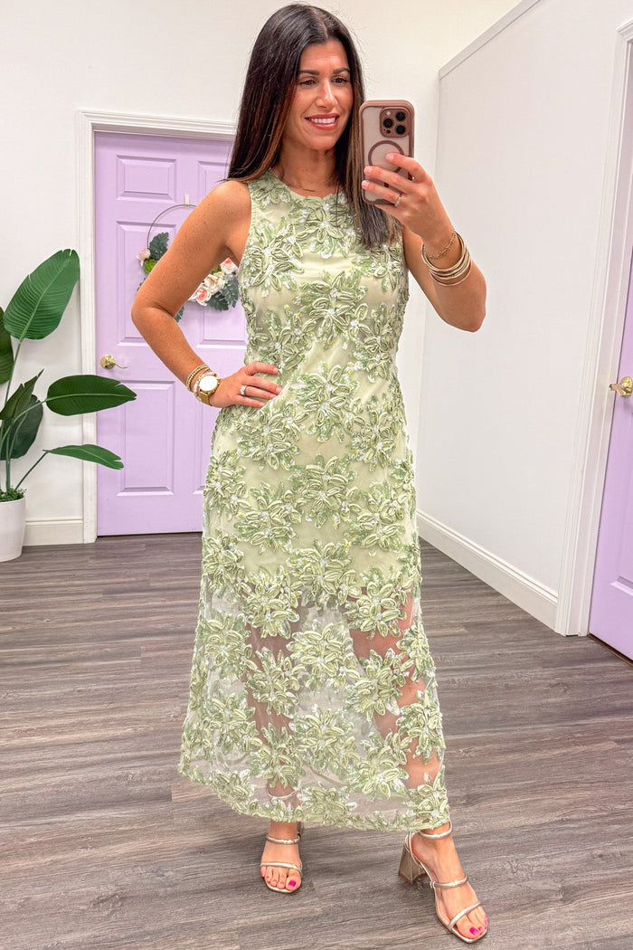 sage green with satin embroidered flowers sleeveless mesh midi dress
