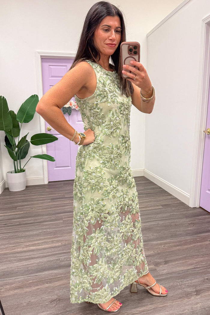 solid sage green with satin embroidered flowers sleeveless mesh midi dress