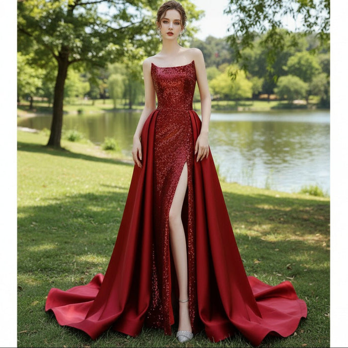Elegant Wine Red Evening Dress Leg Split Sequins Formal Prom Dress - Rosymae