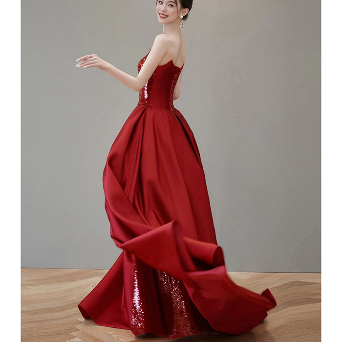 Elegant Wine Red Evening Dress Leg Split Sequins Formal Prom Dress - Rosymae