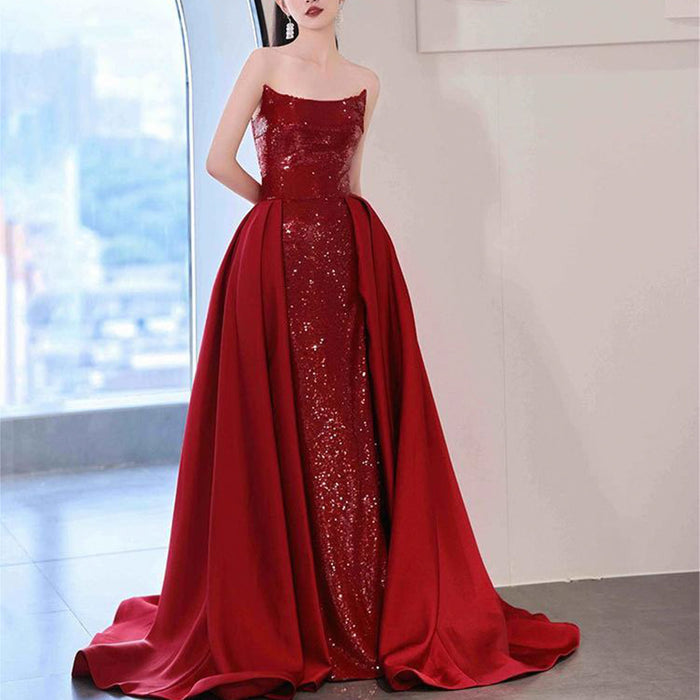 Elegant Wine Red Evening Dress Leg Split Sequins Formal Prom Dress - Rosymae