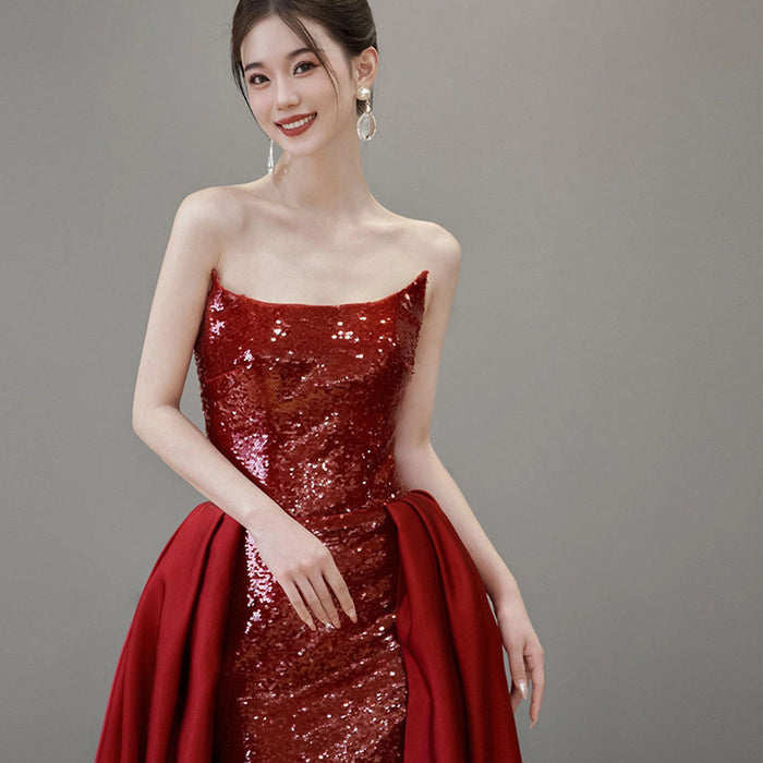 Elegant Wine Red Evening Dress Leg Split Sequins Formal Prom Dress - Rosymae