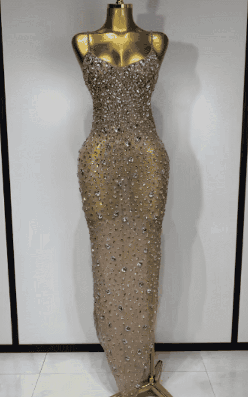 Elle rhinestone mesh see through bodycon dress for women. Sexy luxury outfit for birthdays, cocktail parties, club nights, and stage wear.