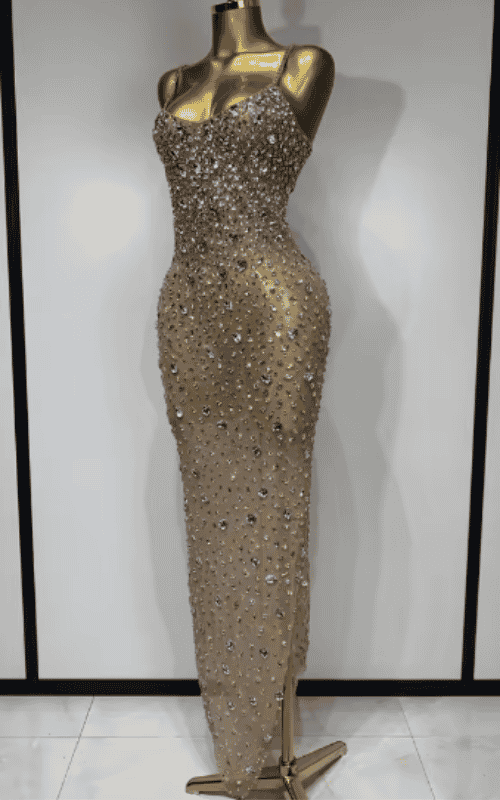 Elle rhinestone mesh see through bodycon dress for women. Sexy luxury outfit for birthdays, cocktail parties, club nights, and stage wear.