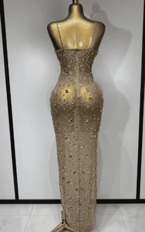 Elle rhinestone mesh see through bodycon dress for women. Sexy luxury outfit for birthdays, cocktail parties, club nights, and stage wear.