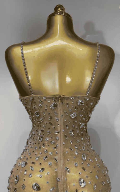Elle rhinestone mesh see through bodycon dress for women. Sexy luxury outfit for birthdays, cocktail parties, club nights, and stage wear.