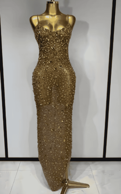 Elle rhinestone mesh see through bodycon dress for women. Sexy luxury outfit for birthdays, cocktail parties, club nights, and stage wear.