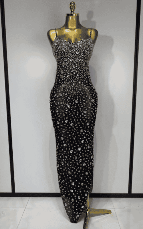 Elle rhinestone mesh see through bodycon dress for women. Sexy luxury outfit for birthdays, cocktail parties, club nights, and stage wear.