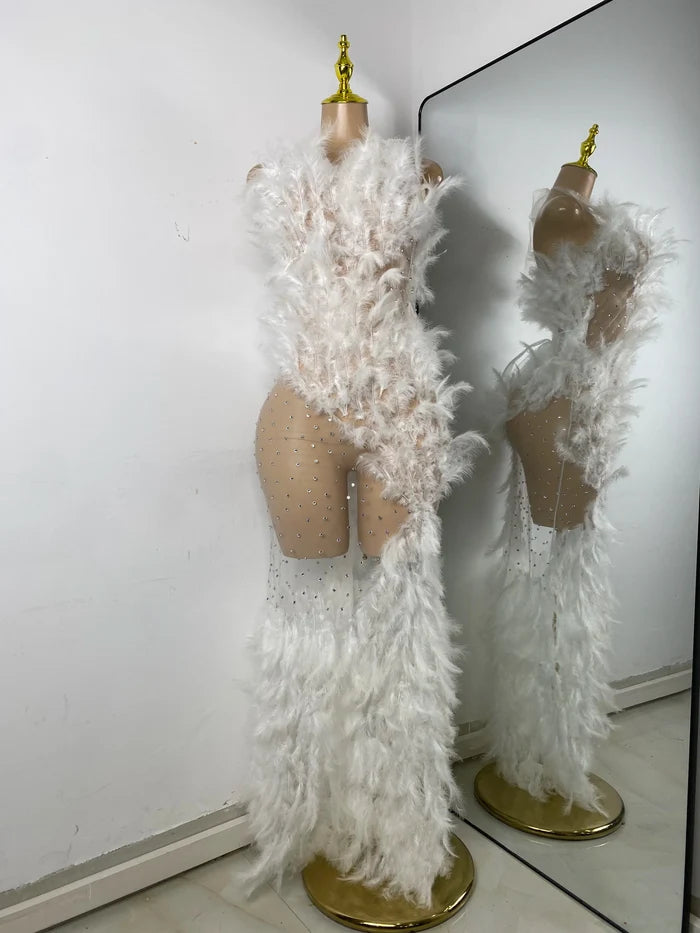 Elora rhinestone mesh feather gown sheer see-through long luxury prom dress.