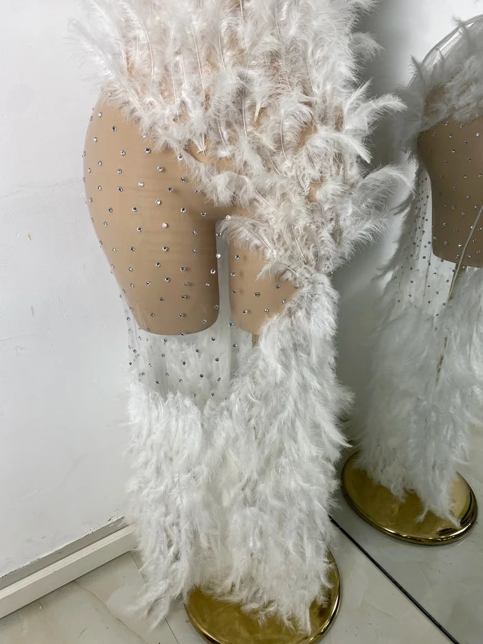 Elora rhinestone mesh feather gown sheer see-through long luxury prom dress.
