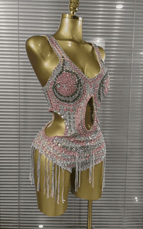 Emilia Sparkly Crystal Diamond Sleeveless V Neck Bodycon Bodysuit