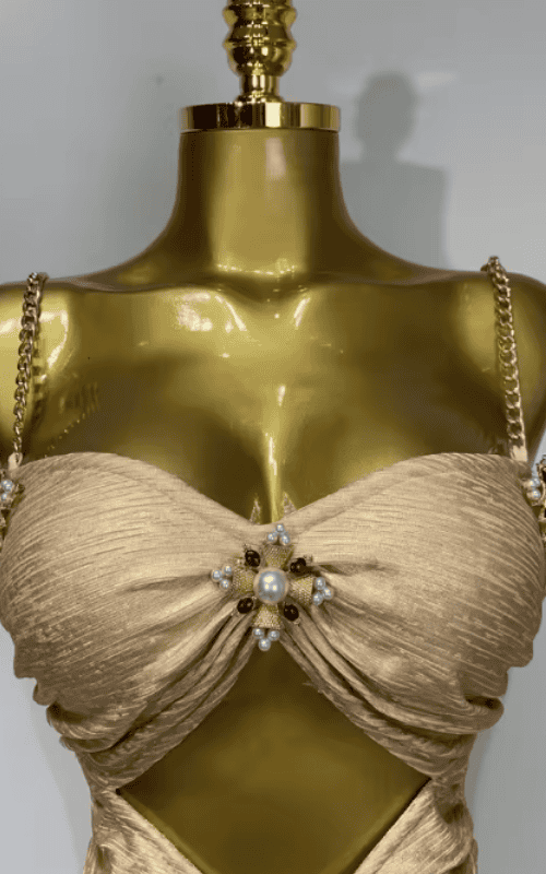 Sexy Cut Out Beaded Bronzing Gold Midi Bandage Dress