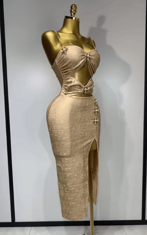 Emily Sexy Cut Out Beaded Bronzing Gold Midi Bandage Dress