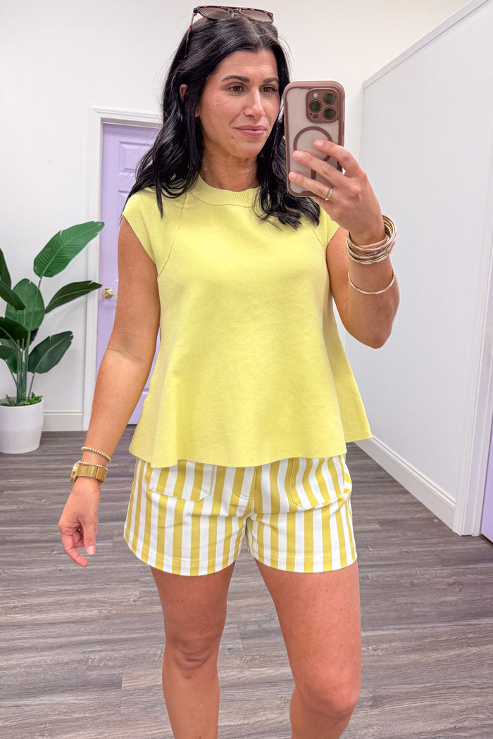 solid lemon yellow capped sleeve knit top