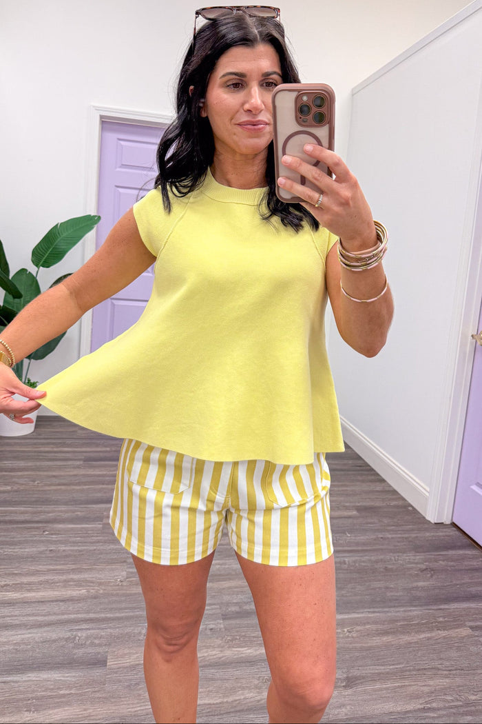 solid lemon yellow capped sleeve knit top relaxed silhouette