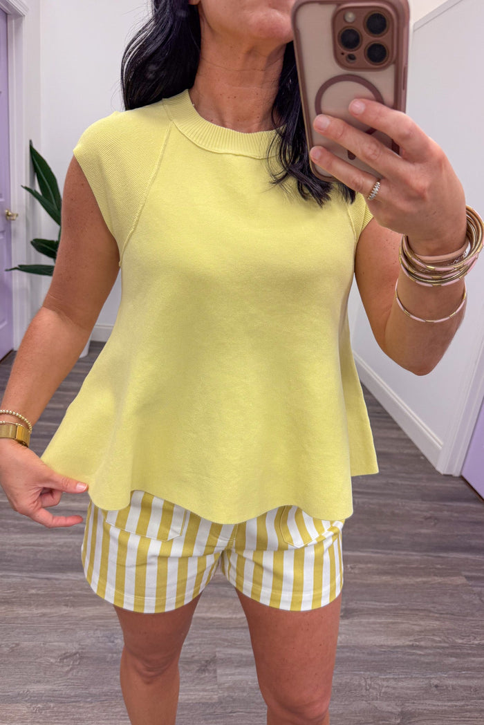 solid lemon yellow capped sleeve knit  flow fit top