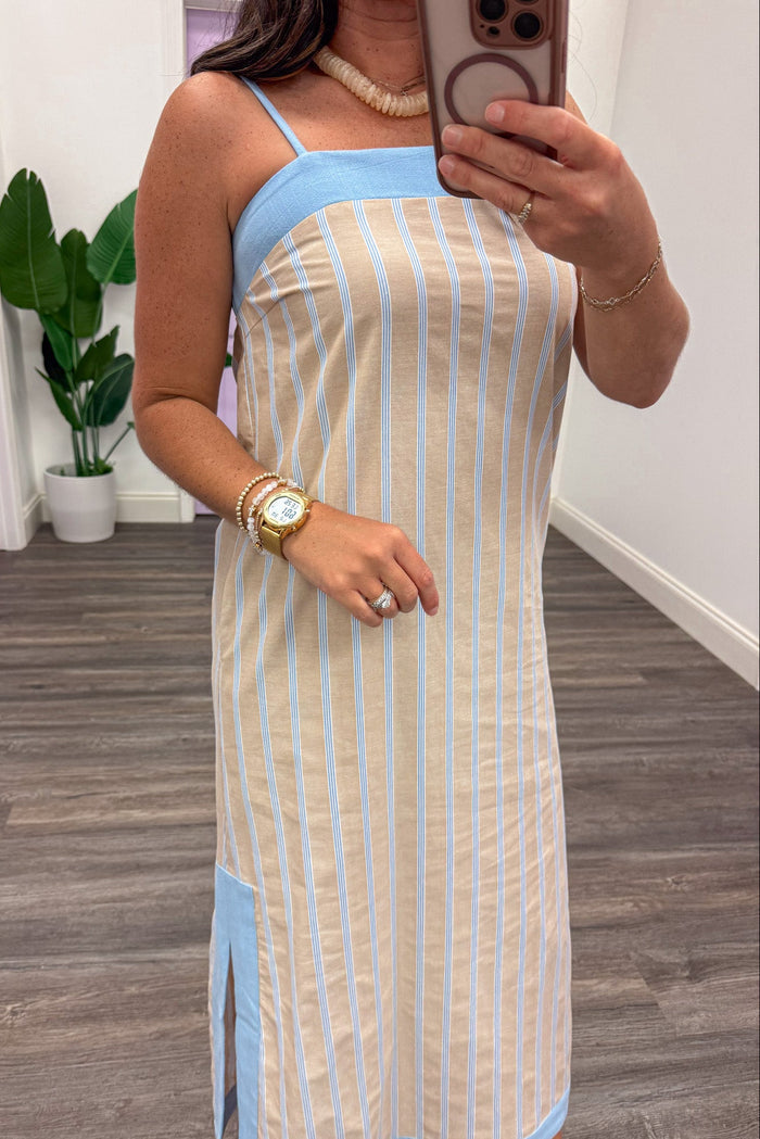 light blue and taupe vertical striped spaghetti strap sleeveless square neckline linen midi dress