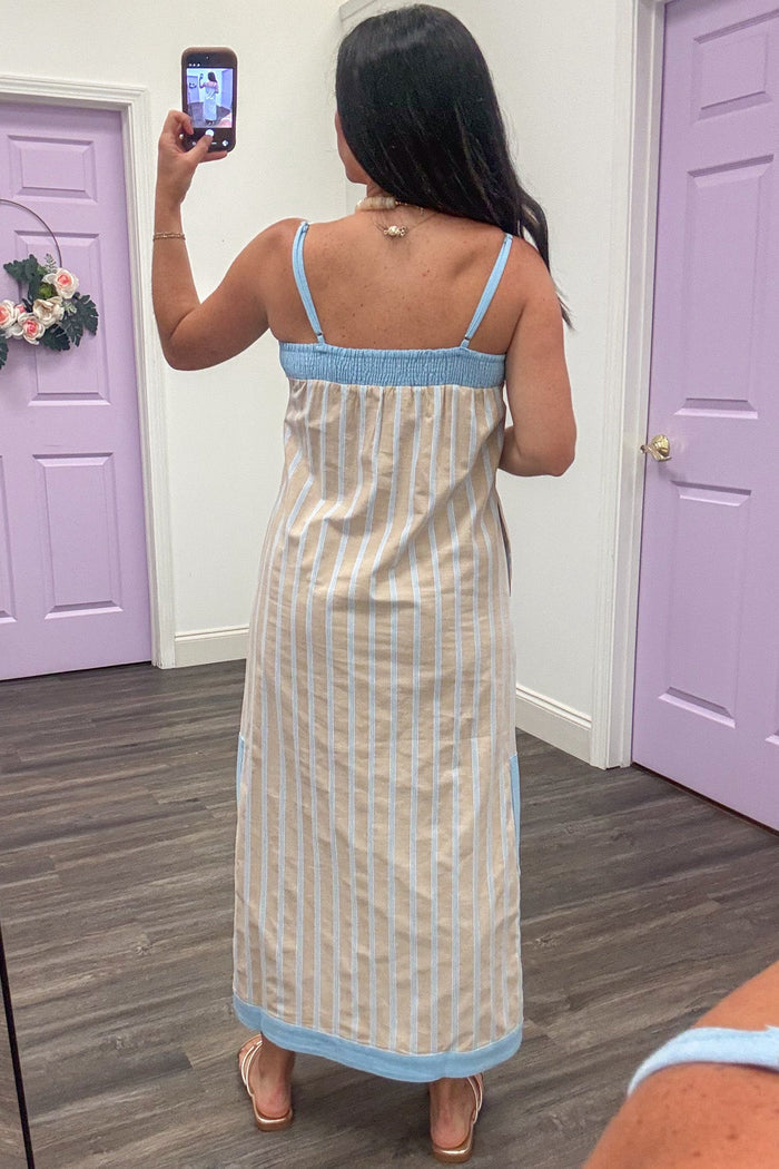 light blue and taupe vertical striped spaghetti strap sleeveless elastic back linen midi dress