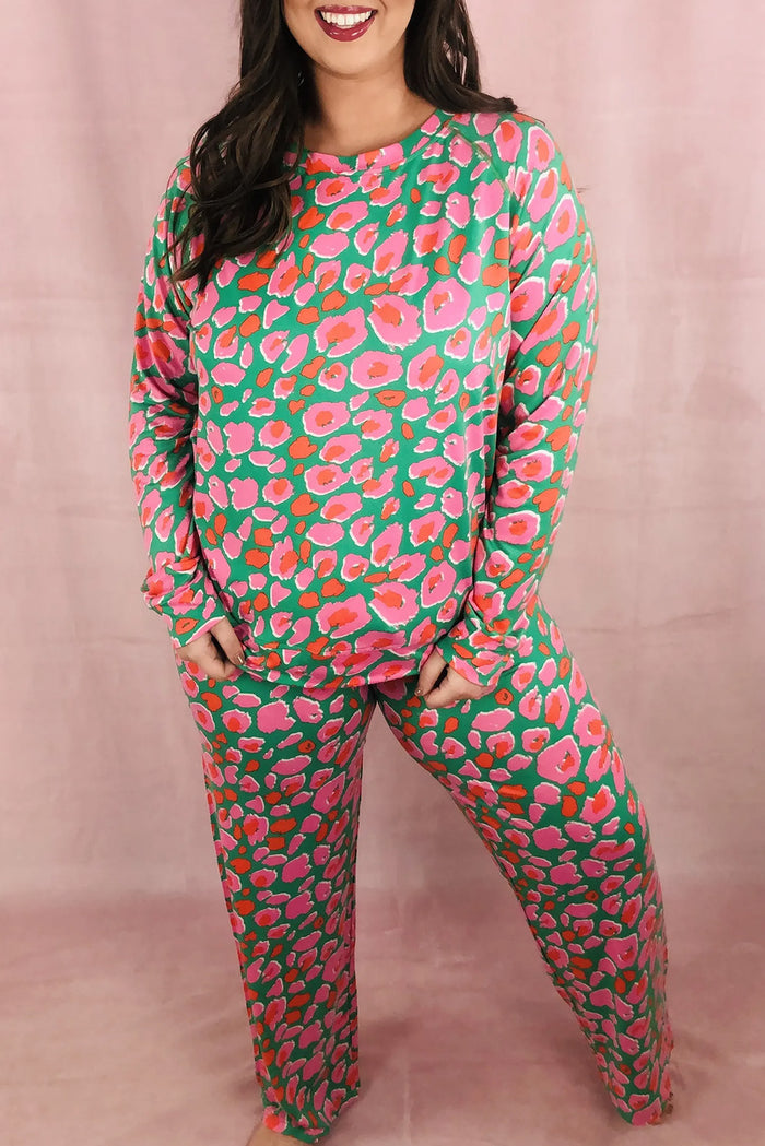 Ensemble de salon imprimé vert à manches longues et pantalon de grande taille-A WOMAN WE LOVE