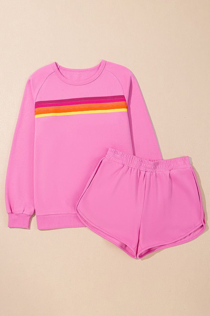 Ensemble décontracté deux pièces pull et short à rayures rose